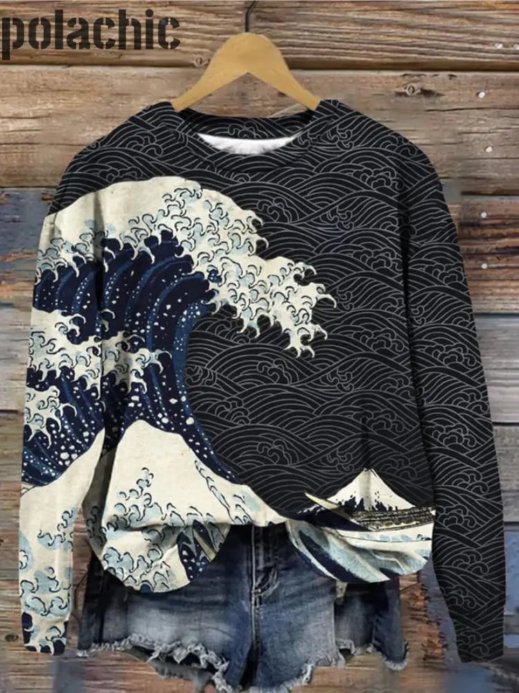 Women’s Japanese Wave Pattern Comfortable Sweatshirt Black / S Bestseller