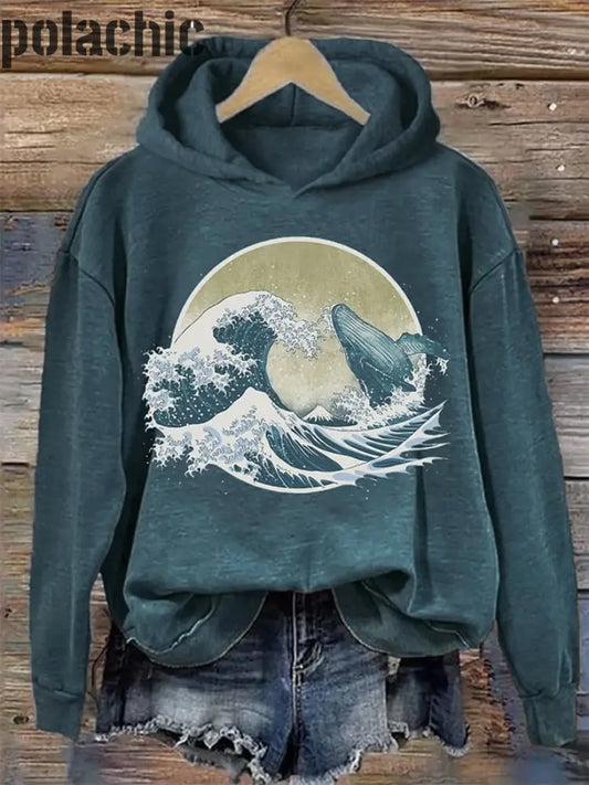 Women’s Whale Breach Japanese Art Vintage Hoodie Blue / S Bestseller