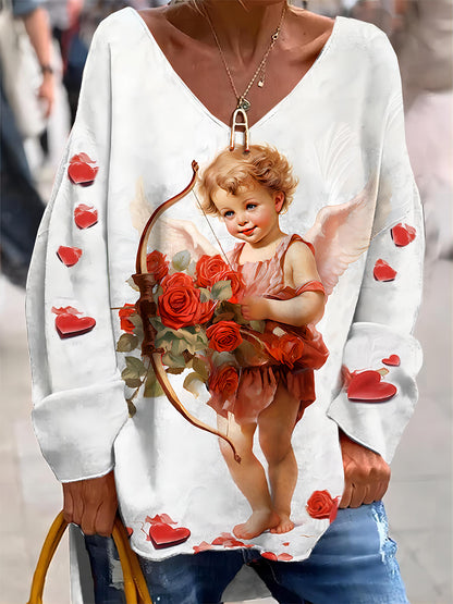 Rétro Cupidon Saint Valentin Art Print à la mode col en V Pull Haut à manches longues