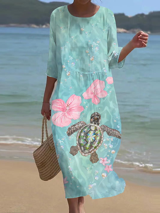 Vintage Ocean Turtle Art Print Crew Neck Maxi Robe Femme