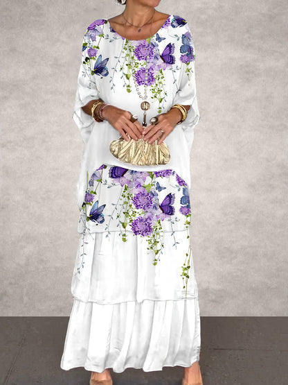 Femme Vintage Floral Art manches chauve-souris gâteau Maxi Dress