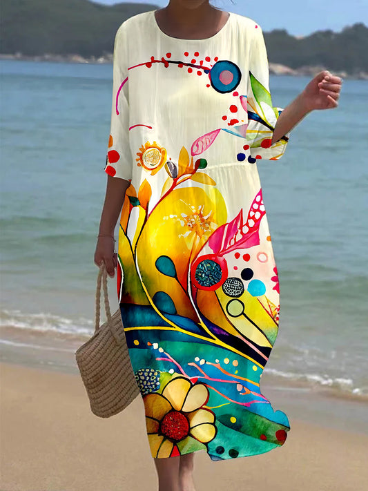 Vintage Floral Art Print V Neck Maxi Robe Femme