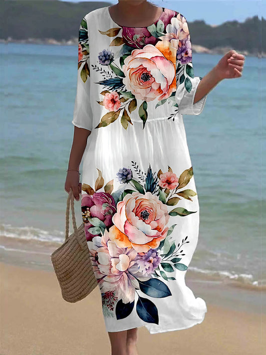 Vintage Floral Art Print V Neck Maxi Robe Femme